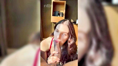 Beautiful brunette hotwife giving oral to BBC in red bra