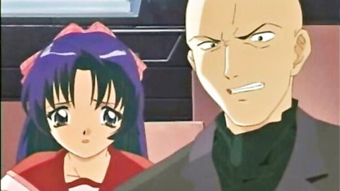 Wide-eyed purple-haired hentai teen girl in red dress stares at bald man's angry glare