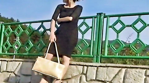 Elegant Asian woman in black dress standing outdoors with beige handbag