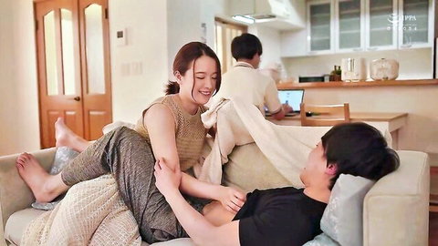 Ai Mukai straddling man in intimate lap pose on couch, secretive JAV sister-in-law scene