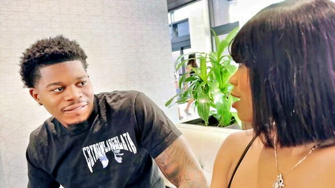 Ebony beauty Ivy in low-cut dress chats intimately with tattooed black stud