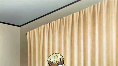 Blonde anime gal viewed from behind in cozy room scene