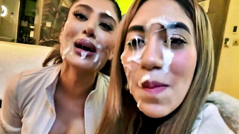 Two glamorous women with fresh cum facials after Cumwalk London adventure