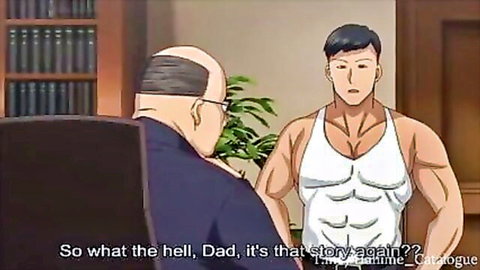 Anime muscular son in tank top confronts bald dad in office room