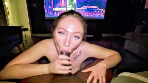 Topless brunette babe sips drink during steamy movie night solo tease