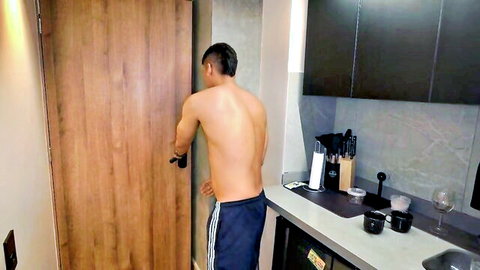 Shirtless fit Asian man in sweatpants opening door to big ass neighbor