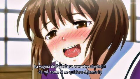 Blushing anime schoolgirl with teary eyes and open mouth in ecstasy