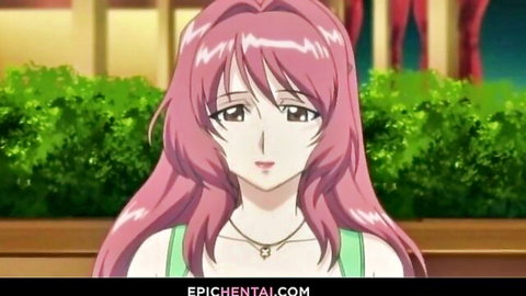 Pink-haired anime girl Kozue in green tank top, smiling outdoors in hentai scene