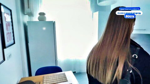Lis Evans long brown hair from behind in black top, kitchen tease