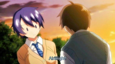 Purple-haired anime schoolgirl Mako-chan in uniform chats with boy at sunset, hentai thumbnail