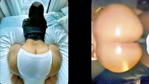 Asian beauty with massive ass in white thong, teasing rear view on bed