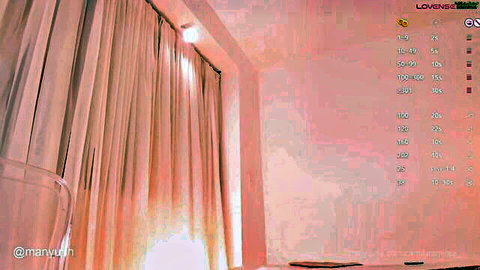 Empty amateur cam bedroom with beige curtains glass table and lovers watermark overlay