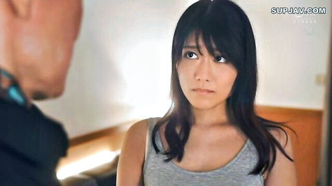 Young Japanese brunette in gray tank top with medium tits looks surprised at Asian man