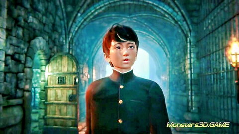3D hentai schoolboy in green uniform standing in stone corridor