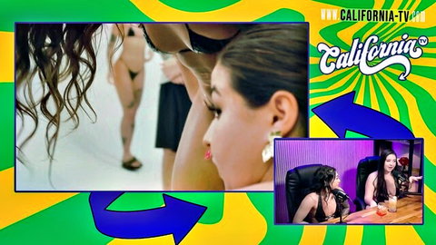 Sexy brunettes in revealing outfits posing for California TV stories