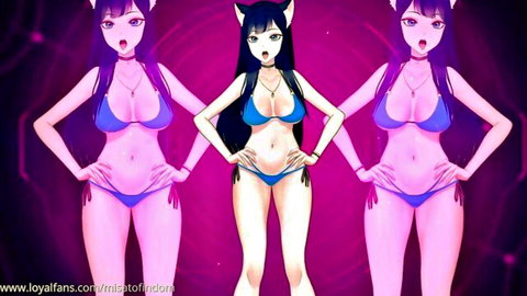 Three busty purple-haired anime catgirls in skimpy blue bikinis posing seductively hands on hips