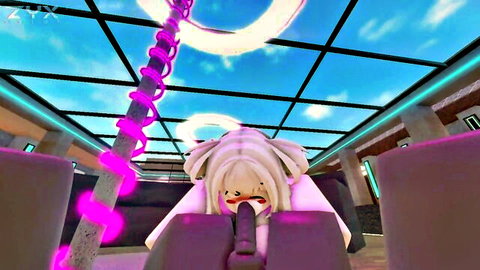 Blushing anime bunny girl deepthroating thick cock in mouth with pink outfit in neon purple room