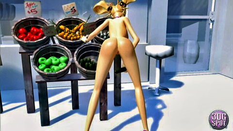3D cartoon bunny teen bent over, big ass exposed at fruit stand for vegetable fucking