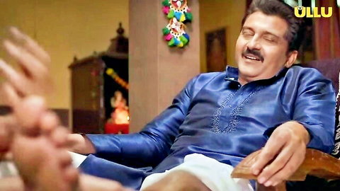 Indian man in blue kurta relaxing at home, Ullu adult scene