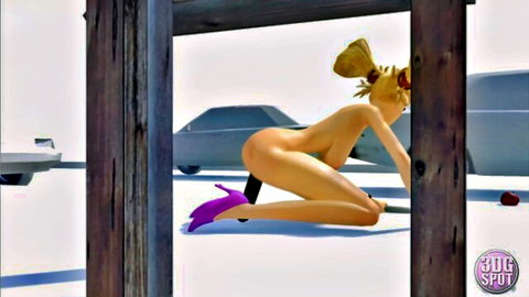 3D animated busty blonde bimbo in doggy pose exposing all holes