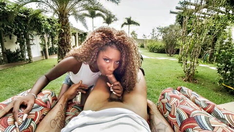 Jeni Pretinha ebony blowjob outdoors, curvy black woman sucking cock