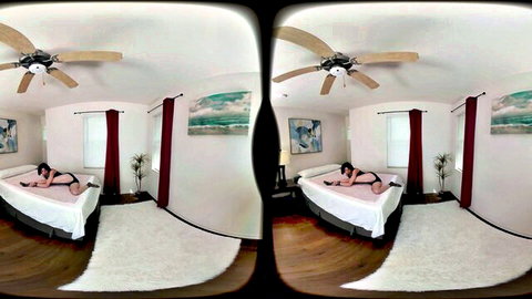 Shrooms Q in black lingerie, ass up pose on bed, VR view