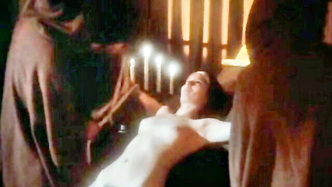 Nude blonde in candlelit ritual stretch, vintage 1972 uncensored film