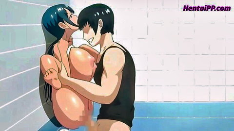 Blue-haired hentai babe with massive tits fucked doggy style in shower by muscular guy