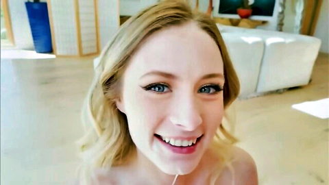 Skinny blonde cutie smiling in orgasm from big black cock pleasure