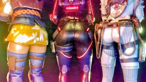 Three curvy 3D game girls in sci-fi outfits showing big asses from behind