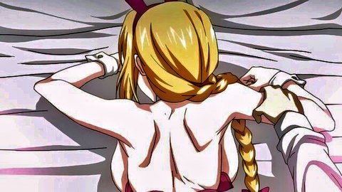 Blonde anime girl with braid and white gloves, nude back view