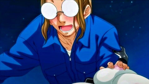 Blonde anime guy in white glasses gropes huge pale tits with ecstatic ahegao face