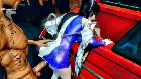 3D Xuan Yi in blue suit bent over, fucked doggy by muscular man