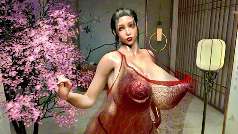 3D animated Asian milf in red sheer lingerie, massive breasts exposed seductively