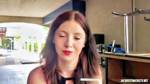 Petite redhead with small tits sucks straw teasing blowjob outdoors