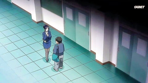 Anime teacher in blue suit chats with student boy in school hallway