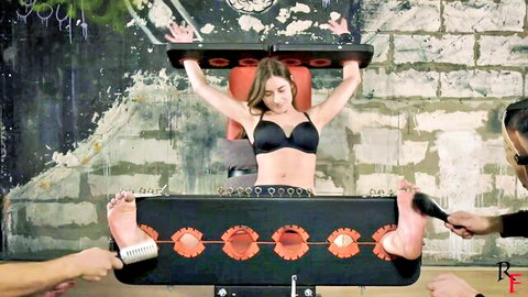 Bria bound arms up in black bra, feet tickled in stocks, young redhead beauty teased