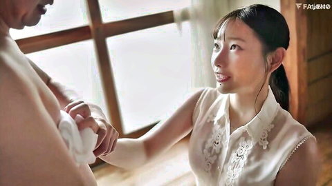 Chiharu Sakura intimately wiping sweat from father-in-law's bare chest in JAV scene