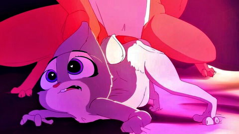Furry fox mounting scared bunny in diaper from behind, Zootopia parody