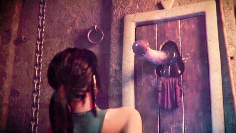 3D Lara Croft babe eyes massive purple monster cock protruding from dungeon gloryhole