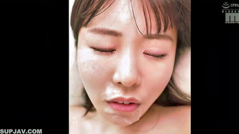 Asian woman with facial cumshot, eyes closed in ecstasy, JAV close-up