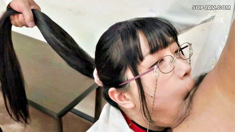 Young Asian secretary in glasses sucks man's nipple while ponytail yanked hard