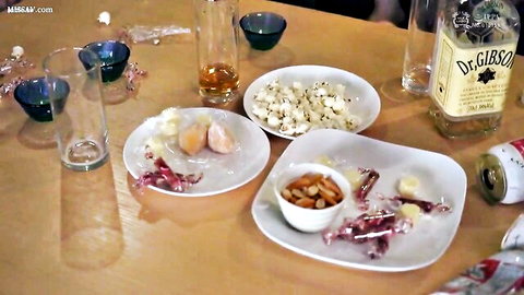 JAVgirl SILK-129 thumbnail: messy table with popcorn, nuts, candy, and drinks setup