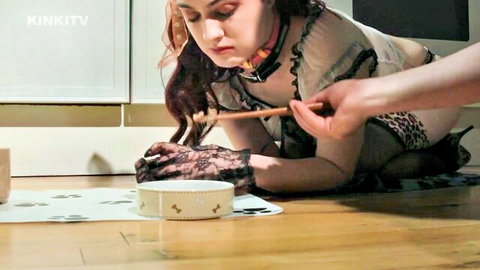 Redhead in sheer lingerie collar and gloves spoon-fed from dog bowl in pet play scene