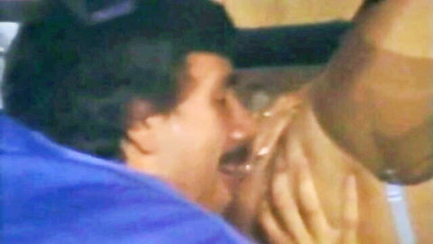 Man in blue shirt hungrily licks wet spread pussy of woman in nylons close-up