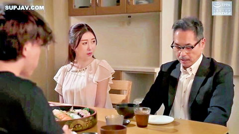 Japanese stepmom in pink blouse sits at dinner table with stepson and older man eating sushi