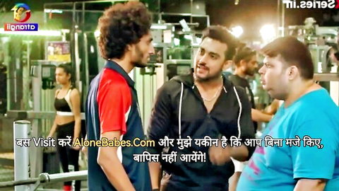 Busty South Asian gym babes in tight sports bras tease fit Indian men in sweaty gym flirt session