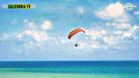 Red paraglider soaring over turquoise ocean beach under blue sky