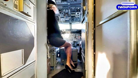Blonde newbie flight attendant in short skirt and heels sits teasingly in cockpit