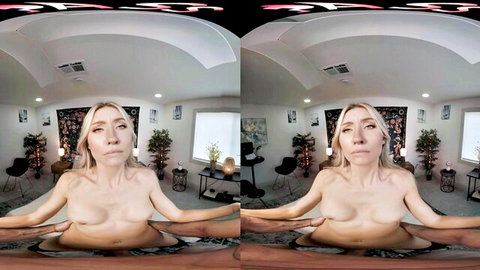 Emma Sirus blonde nude solo VR pose with legs spread